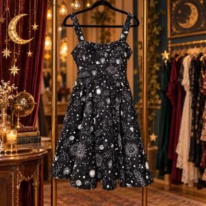 Eva Rose Celestial Sun Moon Stars Fit & Flare Dress Large Sleeveless Pockets